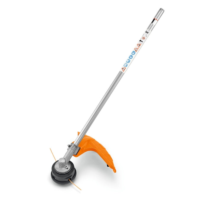 Gardening tool with an orange handle and metallic parts on a white background