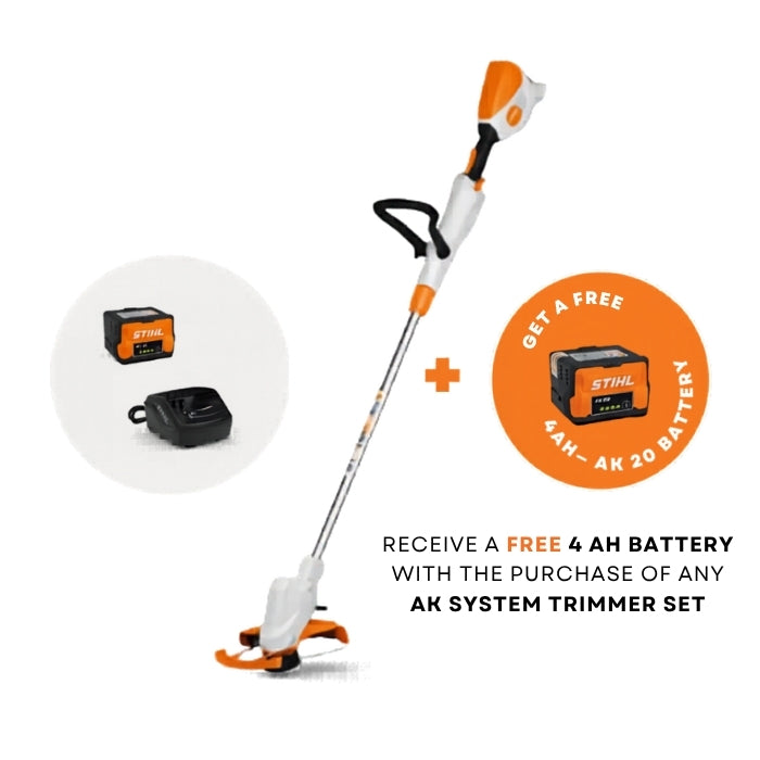 STIHL trimmer with free battery offer on a white background