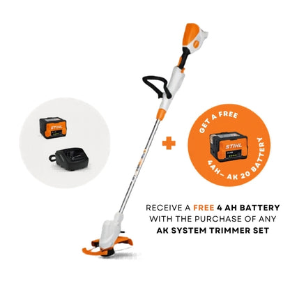 STIHL trimmer with free battery offer on a white background