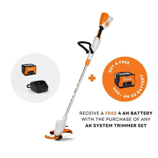 STIHL trimmer with free battery offer on a white background